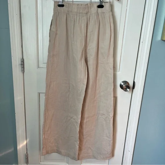 Gap Crinkle Gauze Wide Leg Pants 100% Cotton Small Tan Lightweight Lagenlook - Picture 9 of 11
